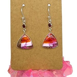 Kingman Mine Pink Dahlia Turquoise Earrings & Garnet Solid 925 Sterling Silver